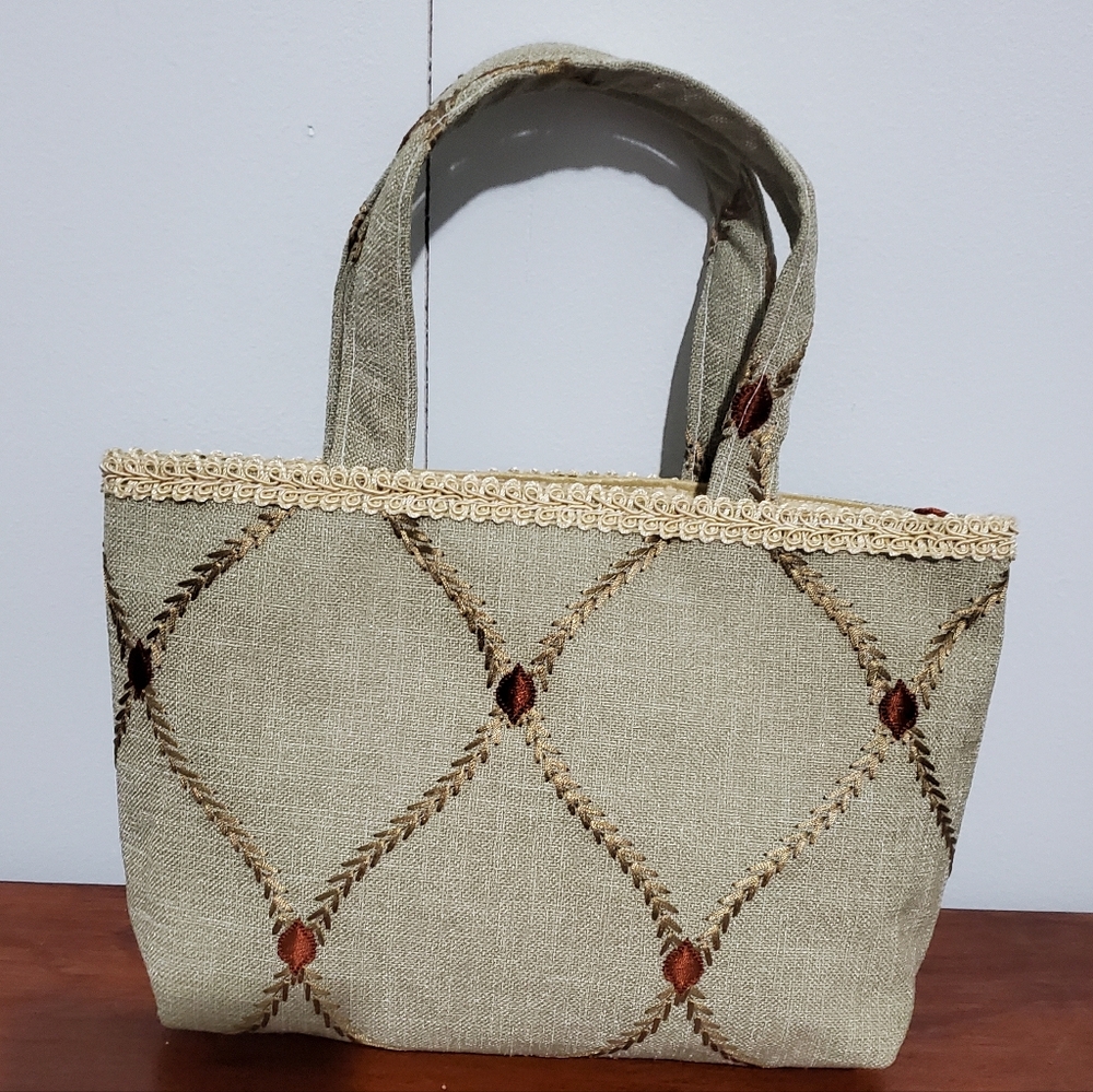 Boho Embroidered Linen Tote Bag Beige Brown Cottagecore Beach